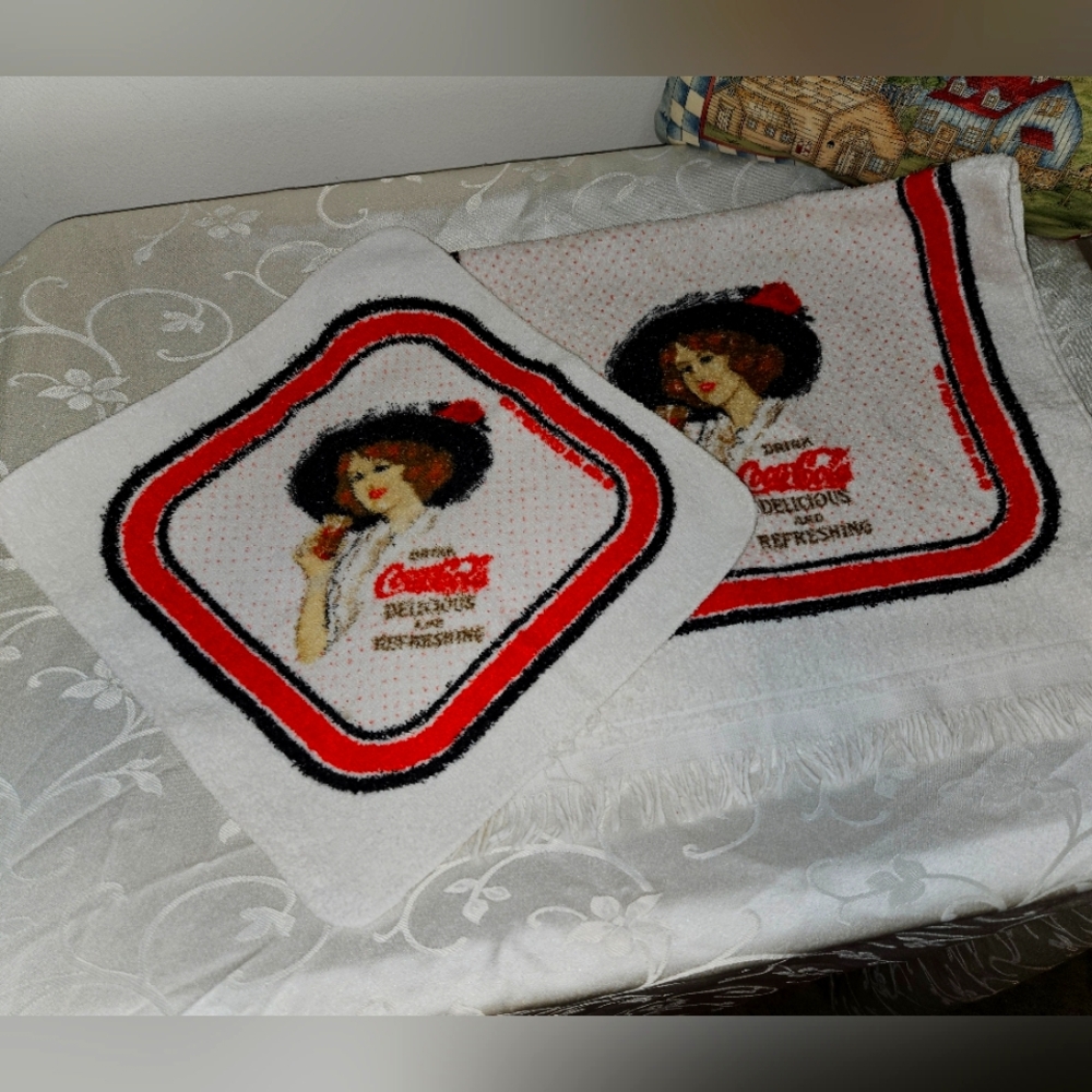 Vintage Coca-Cola Embroidered Towels with Red and Black Design